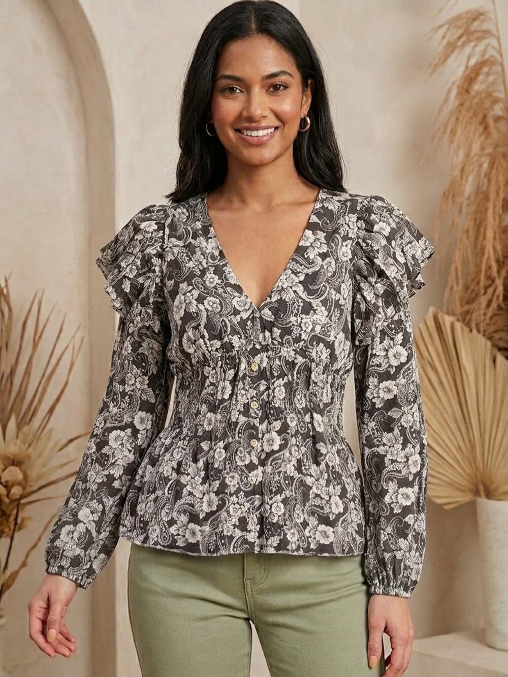 Sugar Fox Boutique Direct Espresso Floral Paisley Smocked Ruffle Blouses Medium